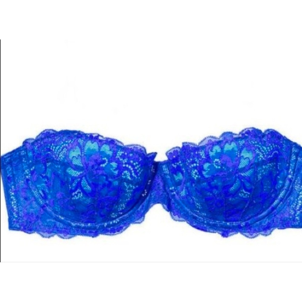 Victoria's Secret PINK Strapless Bra 36D Royal Blue Floral Lace Padded Underwire